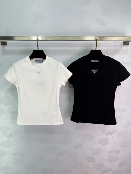 Prada Classic Triangle Logo Short Sleeve T-Shirt, Soft Cotton, Versatile Design