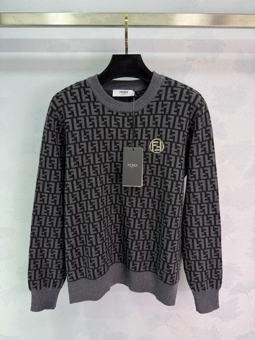 Fendi Classic FF Pattern Knit Sweater with Gray and Black Color Block