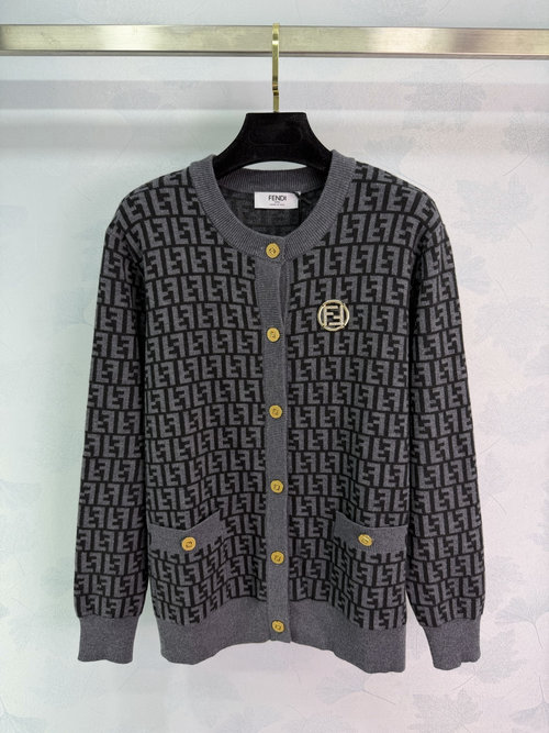 Fendi Soft Wool Blend Knitted Cardigan with FF Pattern and Pockets