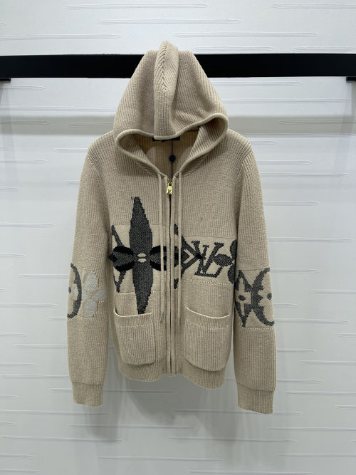 Louis Vuitton Jacquard Hooded Zip Knit Cardigan with Logo