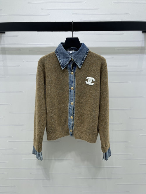 Chanel Denim-Spliced Collared Cardigan, Elegant with Brand Embroidered Logo