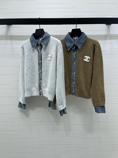 Chanel Denim-Trimmed Knit Cardigan with Logo Embroidery - New Arrival