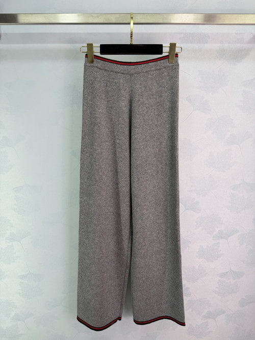 Gucci Pure Color Knitted Straight Pants with Striped Edging