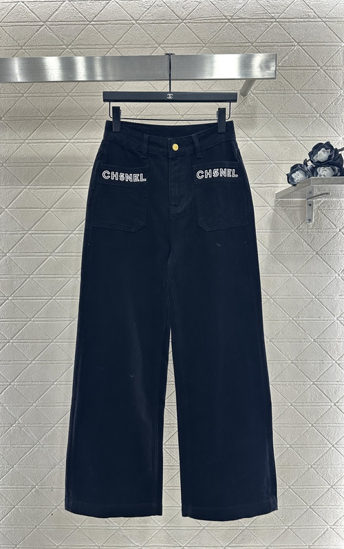 Chanel Velvet-lined Logo Pocket Jeans with Distressed Whiskering and C Logo Accents