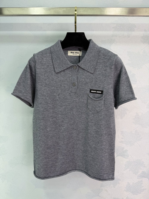 Miu Miu Gray Knit Polo Shirt with Rolled Cuffs and Pocket