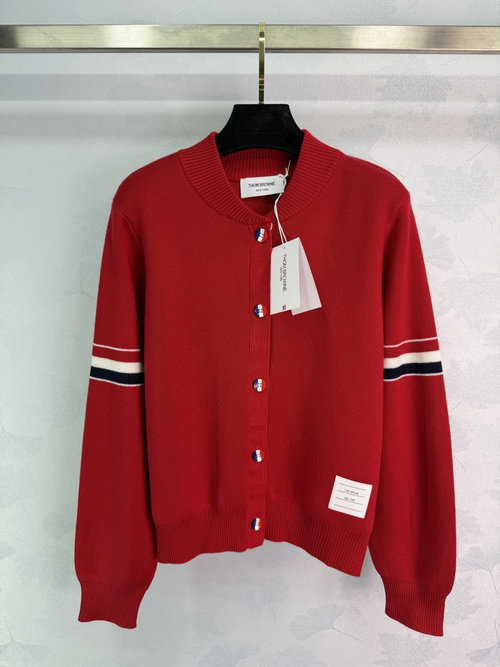 Thom Browne Wool Knit Baseball Jacket with Color Block Trim, Preppy and Chic
