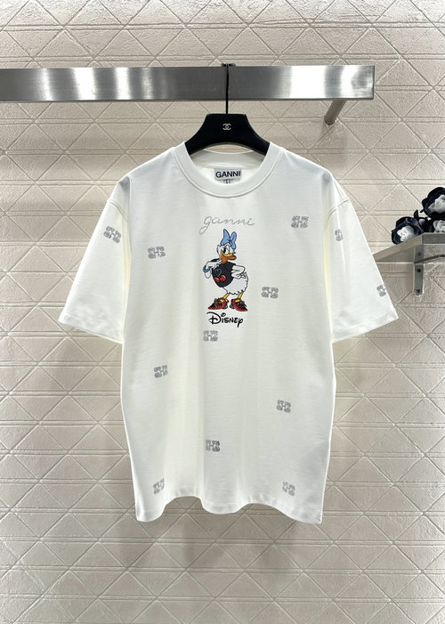 Ganni Customized All-Cotton T-Shirt with Printed Daisy and Diamond Decor