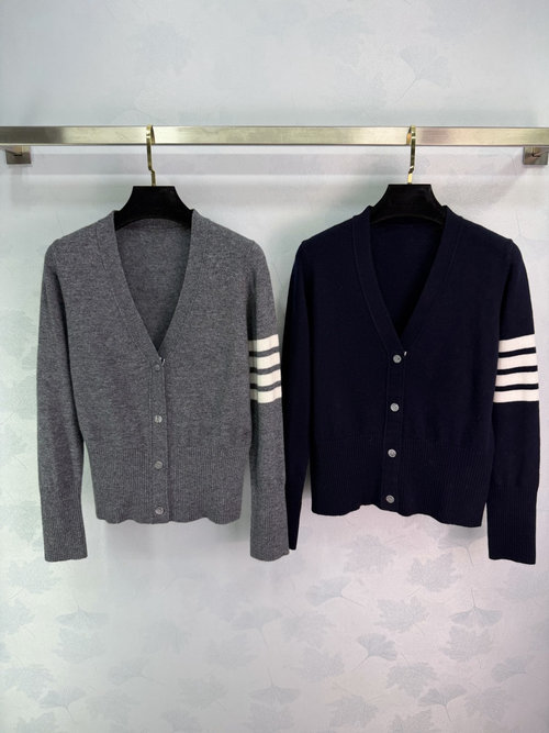 Thom Browne Timeless Academic Style Four-Stripe V-Neck Cardigan in Fine Wool