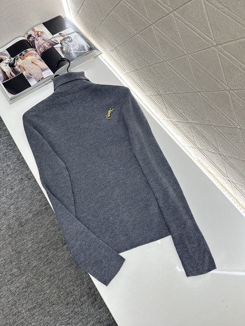 Yves Saint Laurent High-neck Brooch Knit Top, Tencel Wool Blend, Elegant