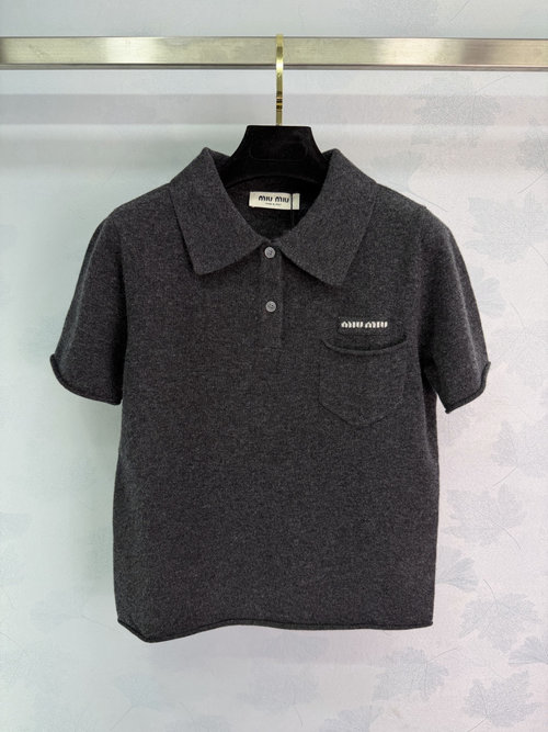 Miu Miu Elegant Knit Short Sleeve with Pocket and Logo Decoration
