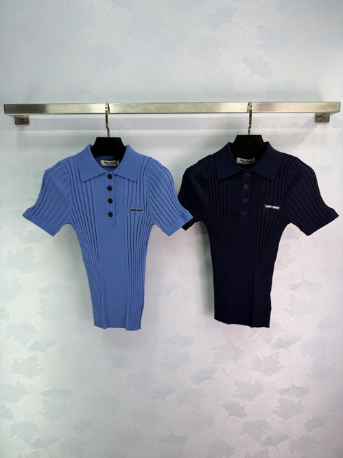 Miu Miu Slim Fit Striped Knit Polo Shirt with Chest Logo