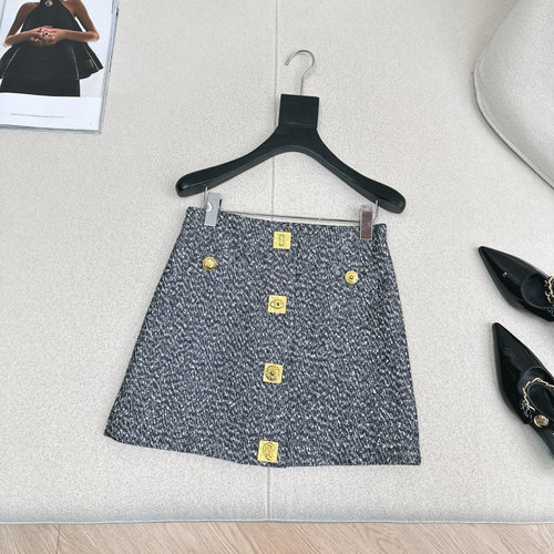 Chanel Square Gold Buckle Tweed A-Line Skirt