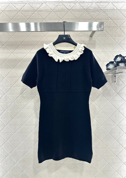 Louis Vuitton 3D Color-Blocked Knit Dress with Lace Trim, Elegant Style