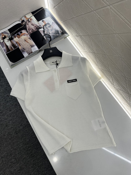 Miu Miu Half-Open Lapel Knitted Short Sleeve, Soft and Sophisticated