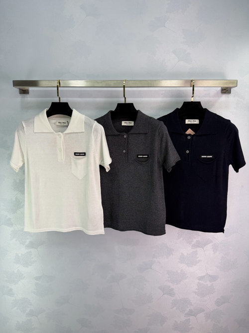 Miu Miu Soft Knit Polo Shirt with Classic Collar and Small Logo Embroidery, Slim and Elegant