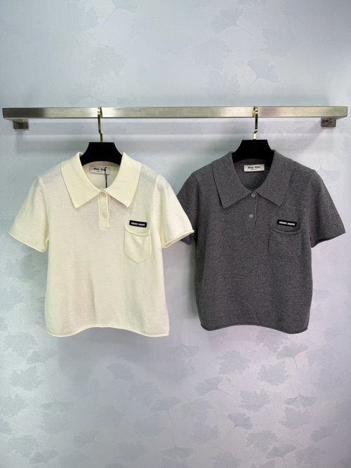 Miu Miu Collar Knit Short Sleeve with Semi-Open Button and Chest Pocket Detail