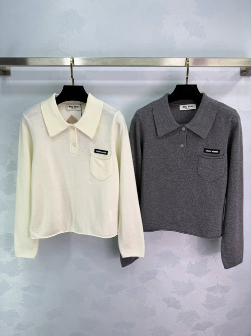 Miu Miu Collar Knit Long Sleeve with Semi-Open Button and Chest Pocket Decoration