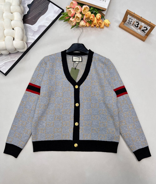 Gucci Double G Jacquard V-Neck Knit Cardigan with Imported Gold Threads