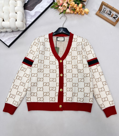 Gucci V-Neck Contrast Gold Thread & Double G Pattern Knit Cardigan