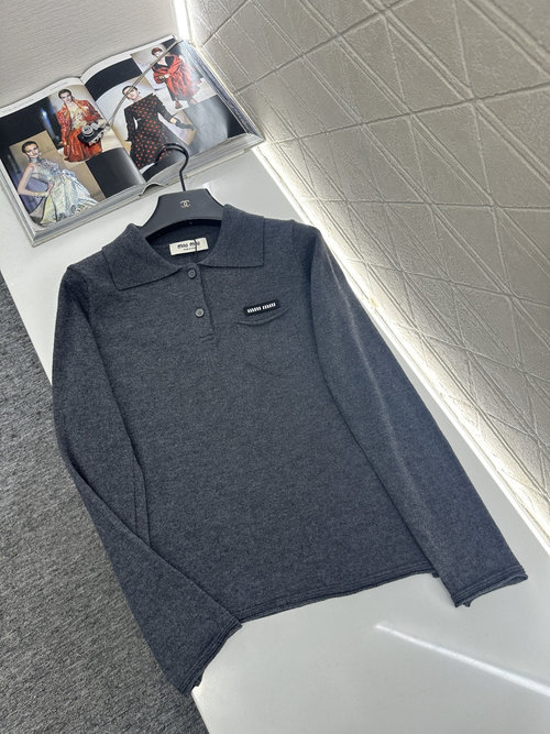 Miu Miu Elastic Semi-open Collar Knit Long Sleeve with Embroidered Logo