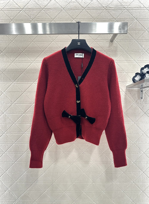 Yves Saint Laurent Custom Wool Knitted Cardigan with Bowknot, Gray and Red