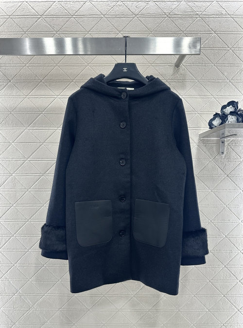 Fendi Customized YB Wool Blend Hooded Coat with Fur Sleeves