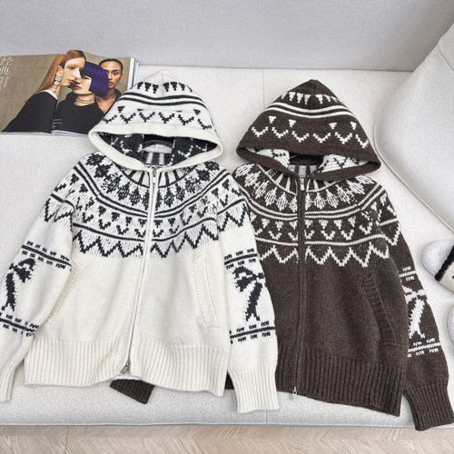 Loro Piana Vintage Fair Isle Pattern Wool Hooded Cardigan