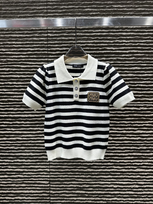 Miu Miu Collared Striped Color-Blocked Knit Short-Sleeved Top