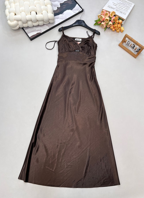 Miu Miu V-Neck Bow Tie Long Dress with High Waist