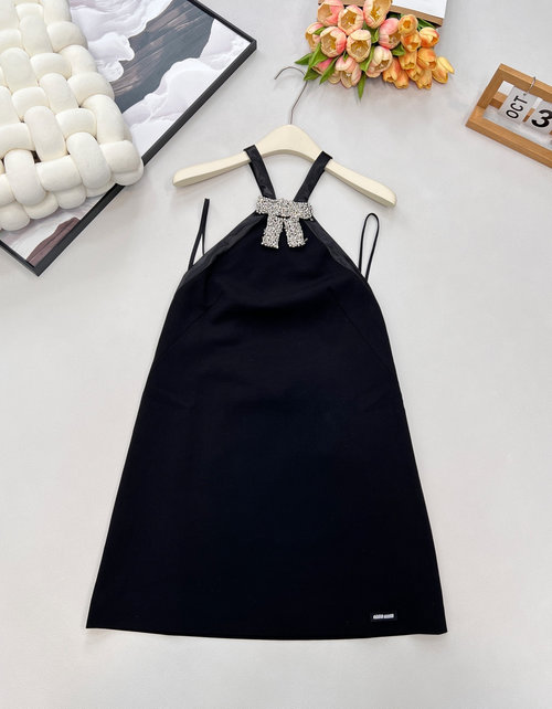 Miu Miu Black Dress with Sparkling Diamond Bow Accent