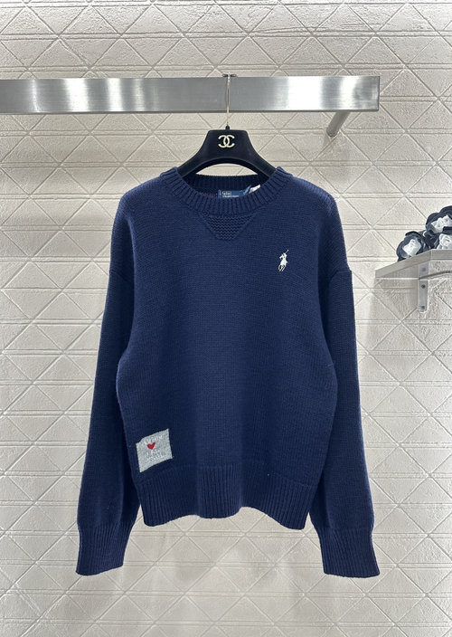 Polo Ralph Lauren Custom YB Wool Knit Sweater with Embroidered Logo and Collar Trim