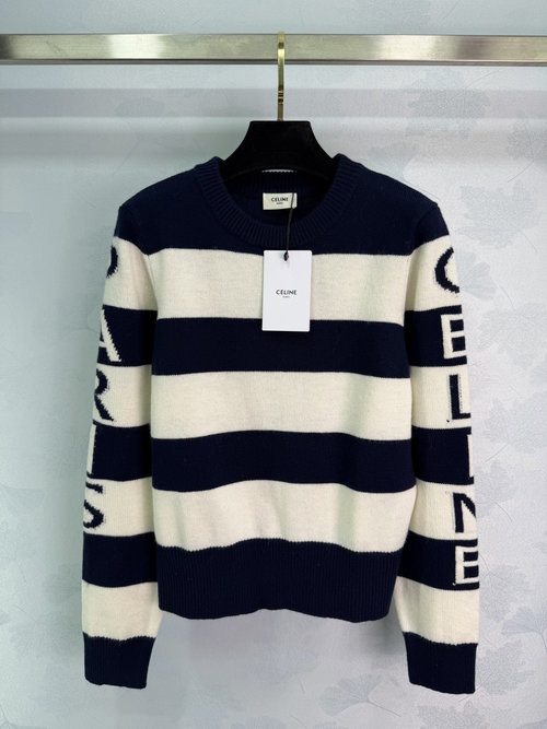 Celine Cozy Knit Sweater with Blue-White Stripes and Side Print