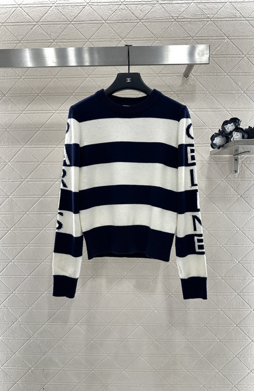 Celine Blue and White Striped Knitted Sweater with Letter Logo