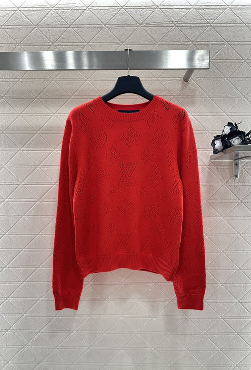 Louis Vuitton Red Crew Neck Knit Sweater with Floral Emblem