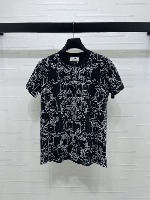 Hermes Black - and - White Print Breathable T - shirt, Latest Collection