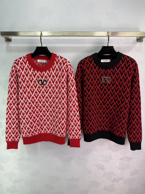 Valentino Geometric Pattern & V-Logo Embroidery Knitted Sweater, Soft & Warm