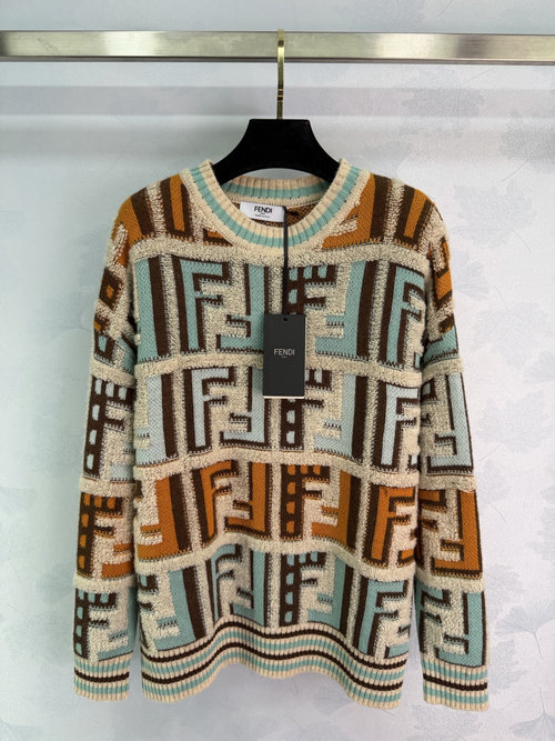 Fendi Geometric Jacquard Wool Sweater with Logo, Soft and Comfortable