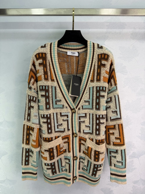 Fendi Wool Knit Cardigan with Geometric Jacquard and Logo, Soft and Warm