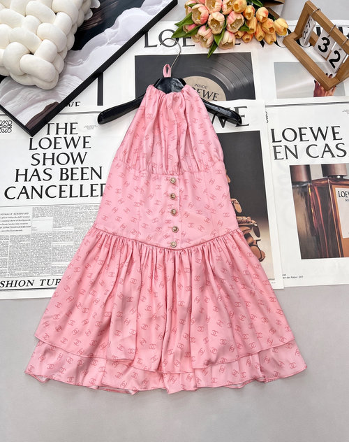 Chanel Customized Silk Halter Neck Dress with Pink Print and Logo