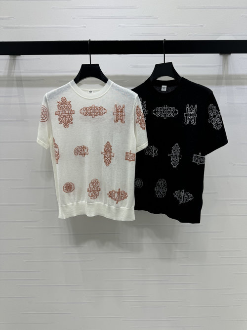 Hermes Full-Print Knit Short-Sleeve with Geometric & Plant Patterns