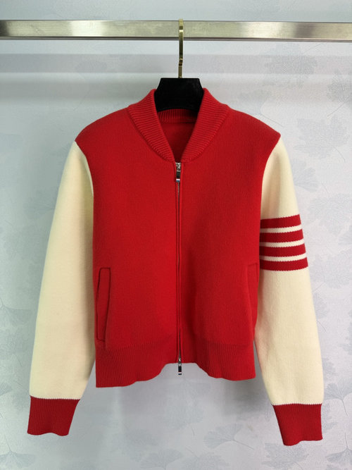 Thom Browne Baseball Jacket Style Round Neck Zip-Up Cardigan with Stripes