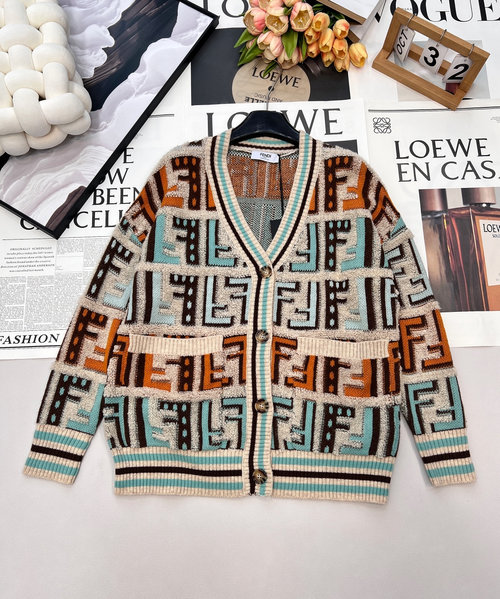Fendi Elegant Double F Flocked Jacquard Knit Cardigan