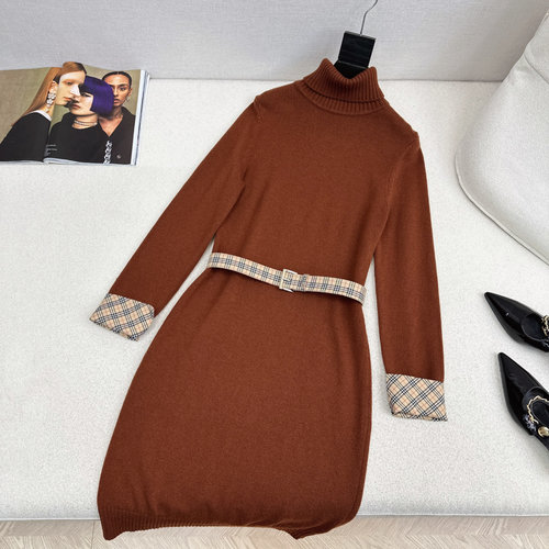 Burberry Faux Two-Piece High Neck Wool Dress with Belt