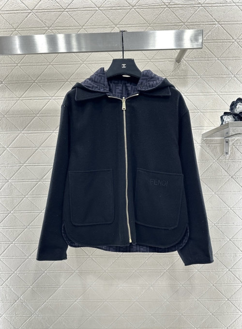 Fendi Reversible Hooded Wool Coat with Double F Print and Embroidered Pockets