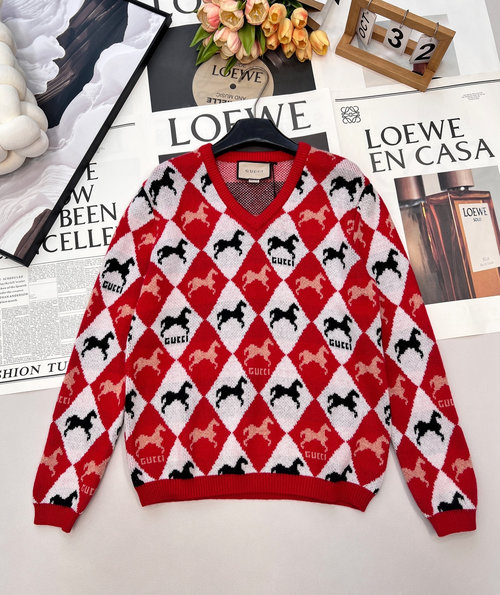Gucci V-Neck Knit Sweater with Marl Pattern and Pony Embroidery