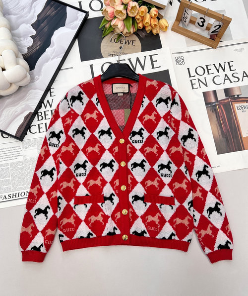 Gucci V-Neck Knit Cardigan with Horse Jacquard and Logo