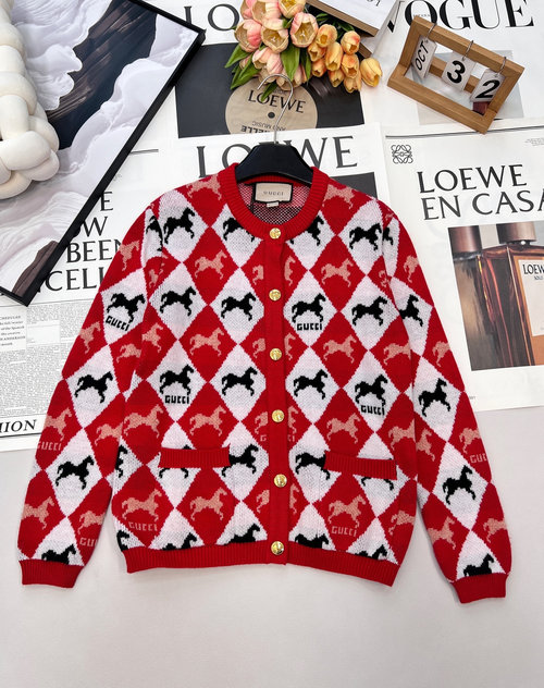 Gucci Vintage Ribbed Knit Cardigan with Horse Motifs and Gold Buttons