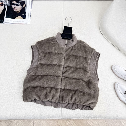 Brunello Cucinelli Lightweight Woolen Down Vest with Furry Trim