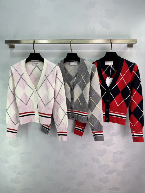 Thom Browne Checkerboard V-Neck Knit Cardigan, School Style