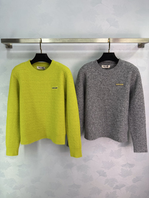 Miu Miu Fluorescent Yellow Knitted Pullover with Chest Logo